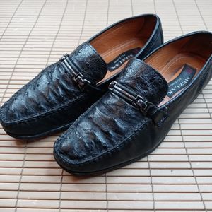 Mezlan Platinum men's black Ostrich horse-bit loafer hand made in Italy sz 7.5M.